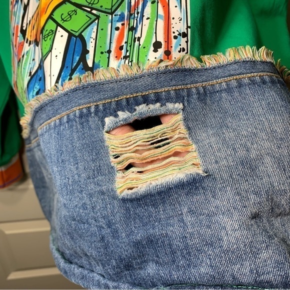 Kuhan KU Dsgn Jersey Sweater Sz L Green Stranger Mean Duck Money Graphic Denim - Picture 6 of 10